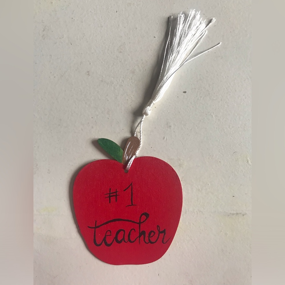 #1 Teacher Red Apple Wooden Ornament with Tassel or bookmark